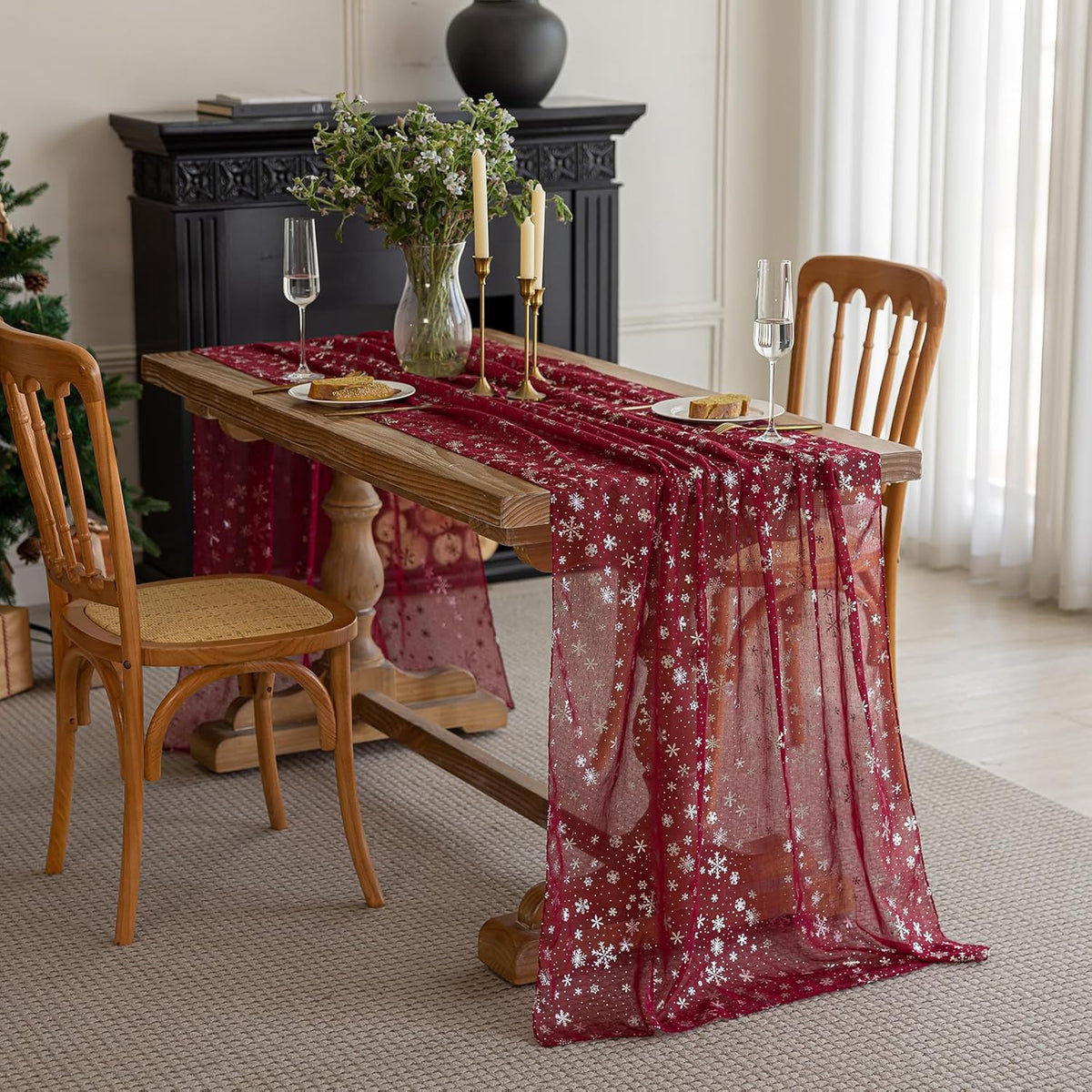 Silvery Snowflake Metallic Print Tulle Christmas Table Runner, Seasonal Winter Kitchen Dining Table