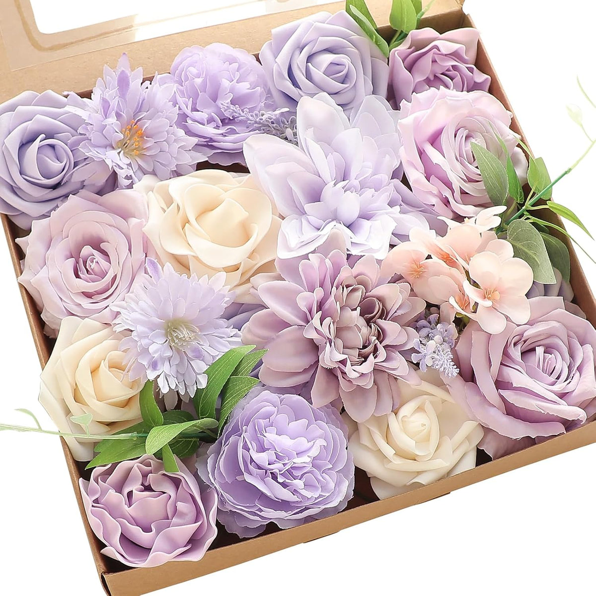 Floroom Lavender Violet Lilac Artificial Flowers Fake Roses Peonies Dahlias Greenery Combo Box Set