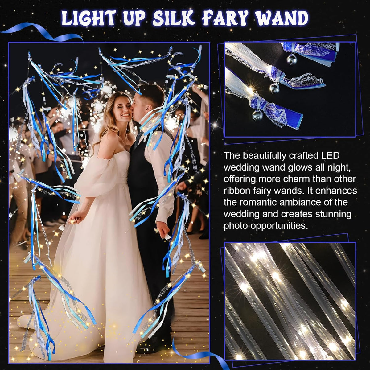 100 Pcs Wedding Wands Ribbon with 3 Colorful Flashing Modes, Light up LED Silk Fairy Wands, Glow