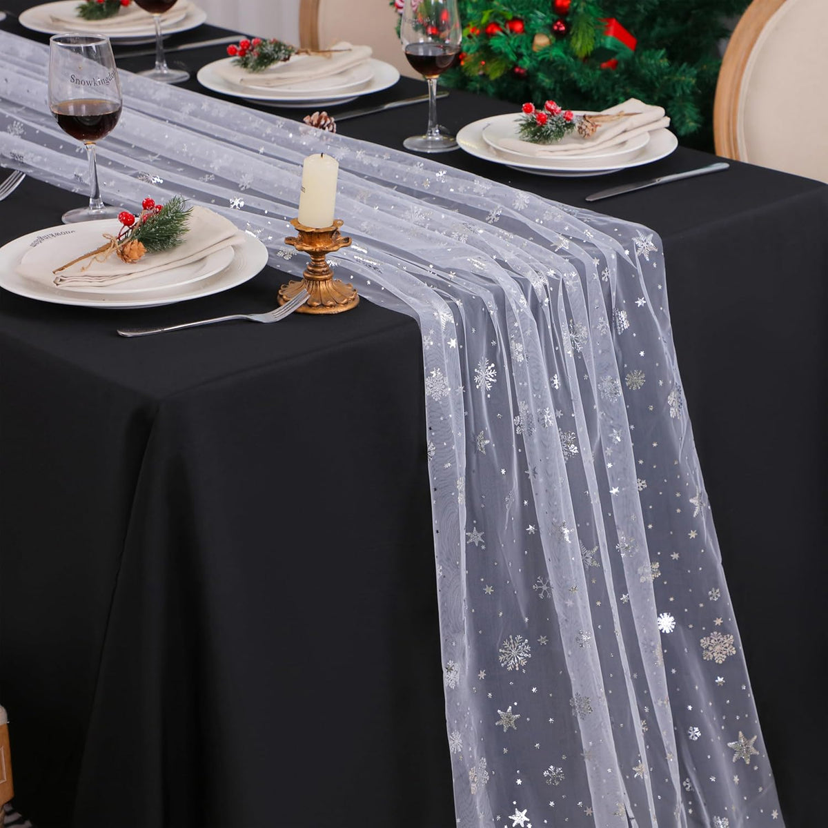 Snowkingdom 6 Pcs Christmas Snowflake Table Runners, 120 Inch Sheer Chiffon Gauze Cheesecloth