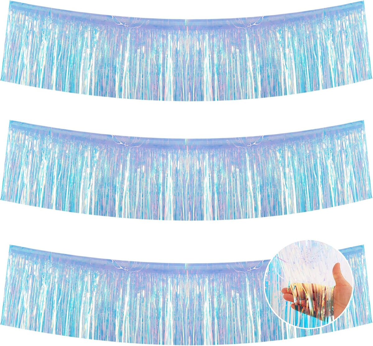 BEISHIDA 3 Packs 30 Feet Metallic Foil Fringe Garland Tinsel Streamers，Iridescent Blue Wall Hanging