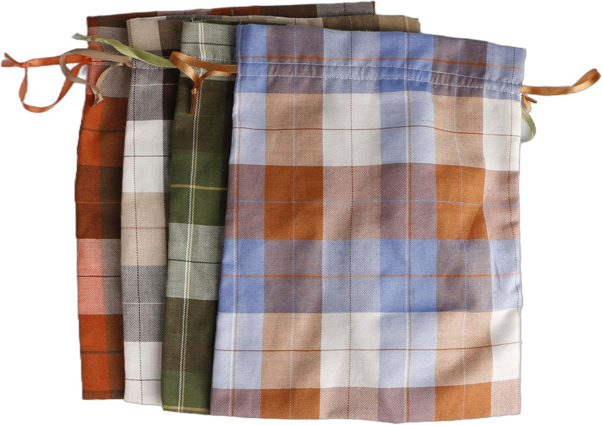Large Fall Burlap Bags with Drawstrings - Orange Buffalo Plaid, Sage Green Gingham - Reusable Brown