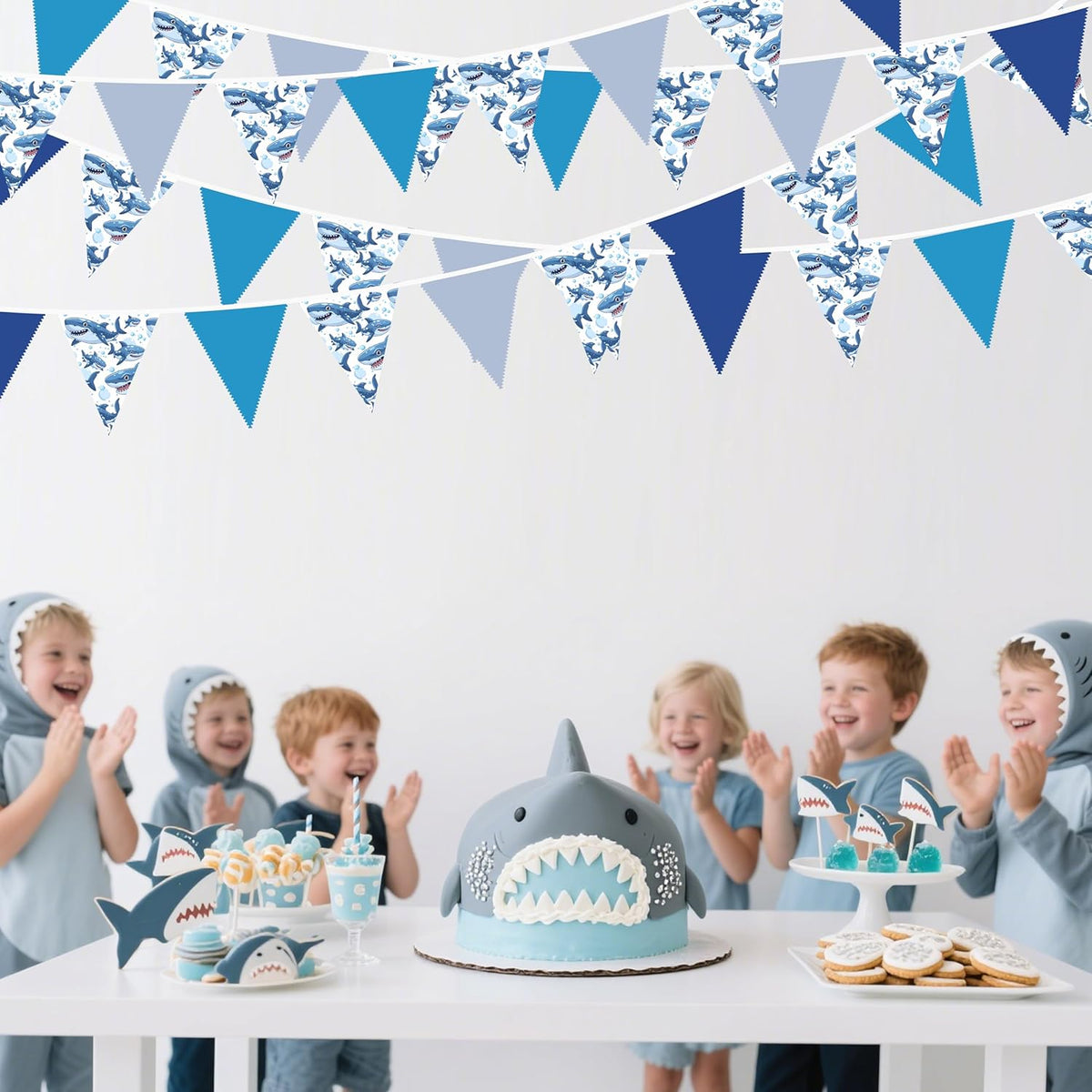 32Ft Shark Party Decorations Blue Cute Shark Triangle Flag Pennant Banner Fabric Garland Streamer