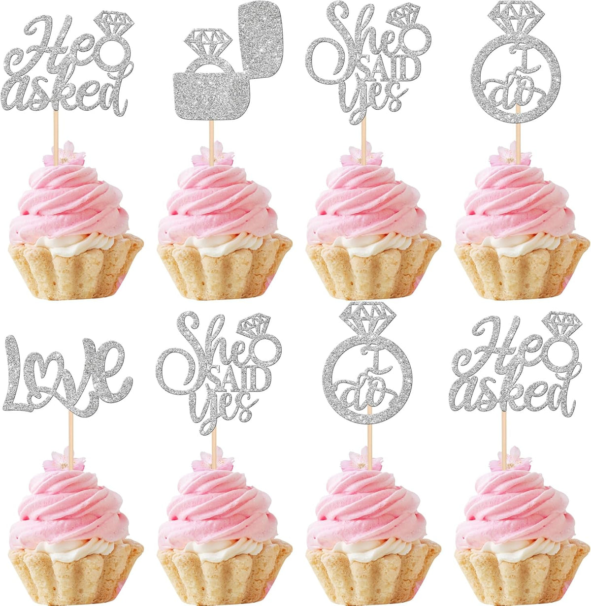 30 PCS He Asked She Said Yes Cupcake Toppers Diamond Ring Cupcake Picks Love I Do Bridal Shower