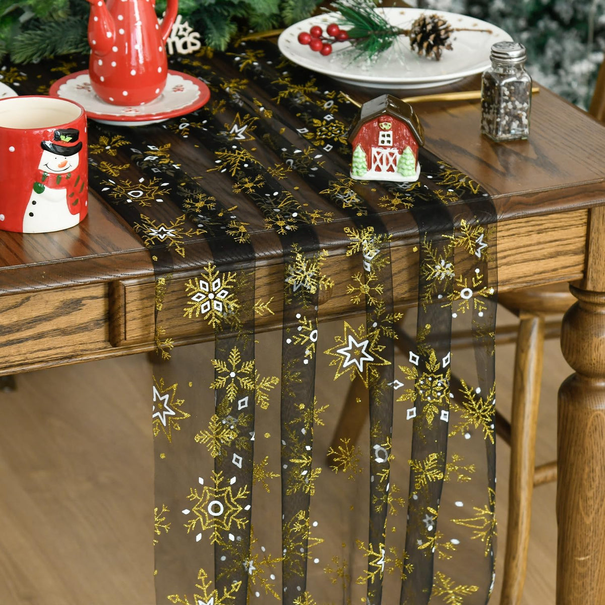 Artoid Mode Black Gold Snowflakes Christmas Gauze Table Runner 120 Inch 10FT, Winter Seasonal Sheer
