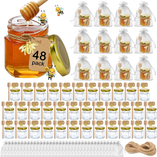 Aliggbent 48 Pack Mini Honey Jars Party Favors in Bulk, 1.5 oz Small Hexagon Glass Honey Jars with