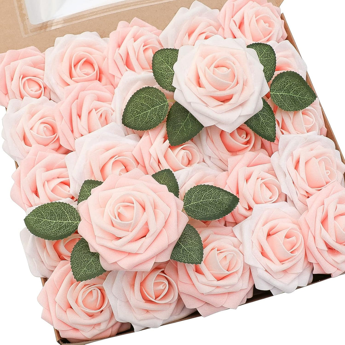 Floroom Artificial Flowers 25pcs Real Looking Blush Shades Foam Fake Roses with Stems for DIY