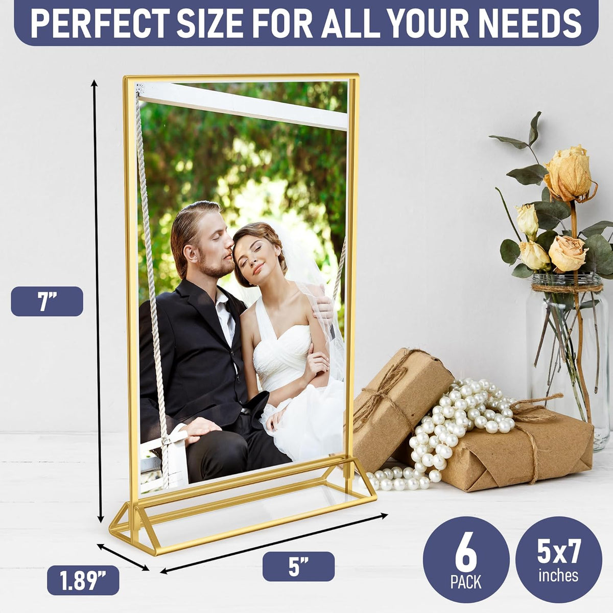 Gold Picture Frames Double-Sided, 6-Pack 5x7 Acrylic Table Number Holders, Clear Easel Stands for