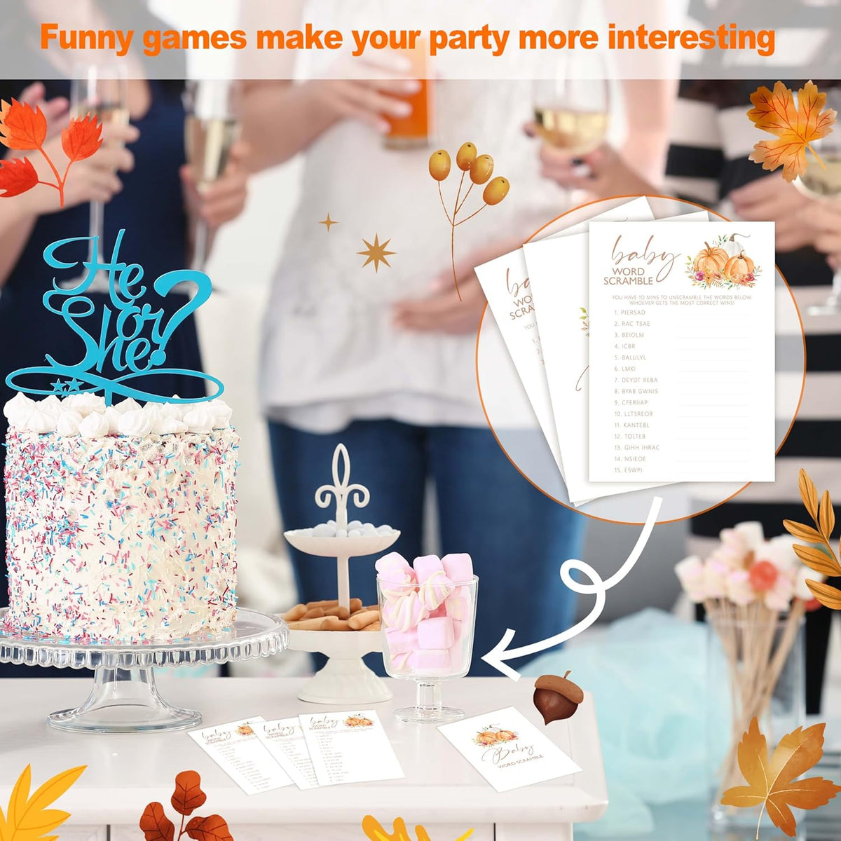 Baby Shower Games, Thanksgiving Baby Word Scramble + 1 Answer Card, 25 Sets Baby Gender Reveal