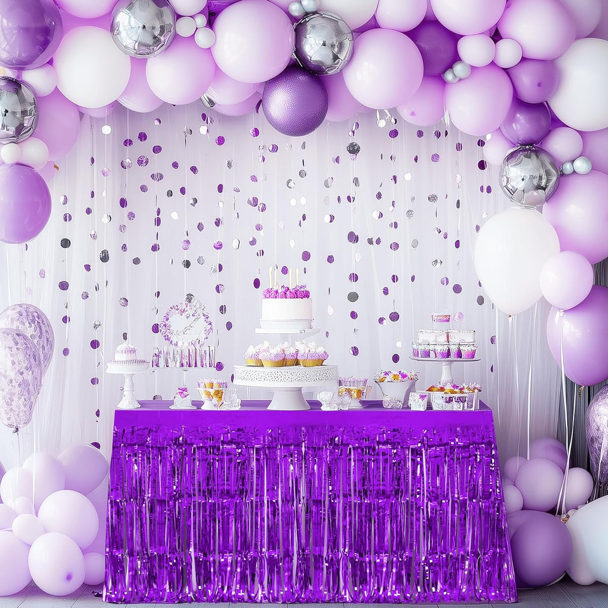 2 Pack Lake Blue Dark Purple Table Skirts, 29x108" Metallic Foil Tinsel Fringe Table Skirt for