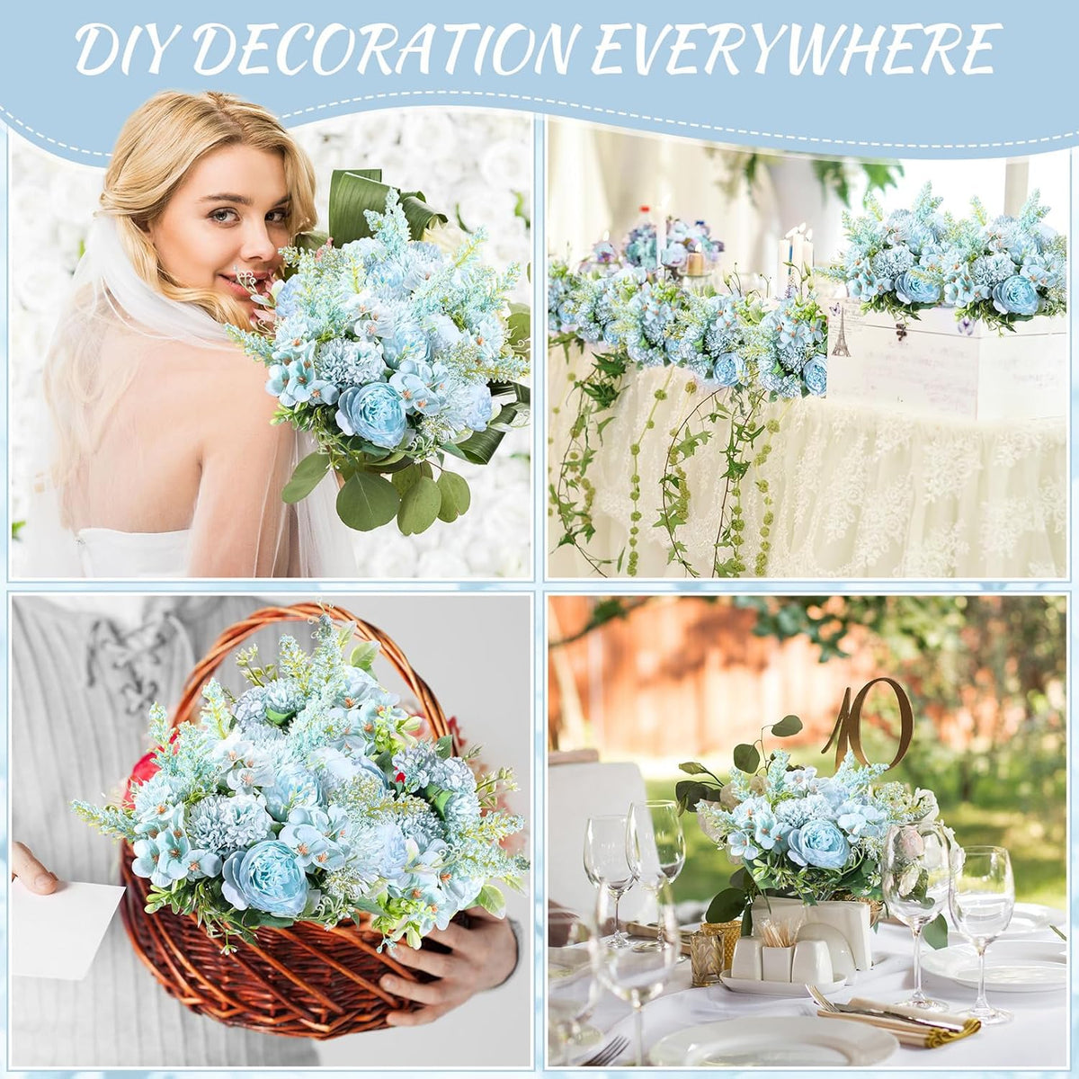 Zeyune 8 Pcs Wedding Silk Flowers Fake Silk Flowers Faux Bouquet Hydrangea Bouquets for Wedding