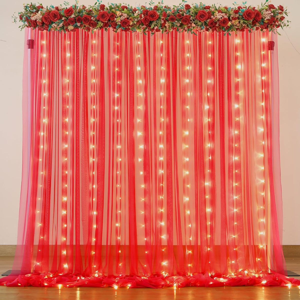Red Tulle Backdrop Curtain with Lights String for Parites 10x8ft Red Sheer Backdrop Curtains Drapes