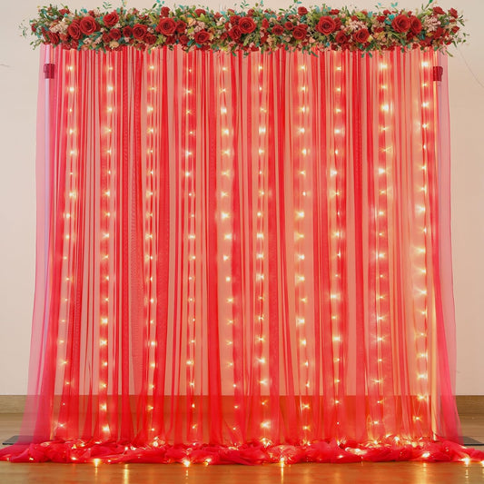 Red Tulle Backdrop Curtain with Lights String for Parites 10x8ft Red Sheer Backdrop Curtains Drapes