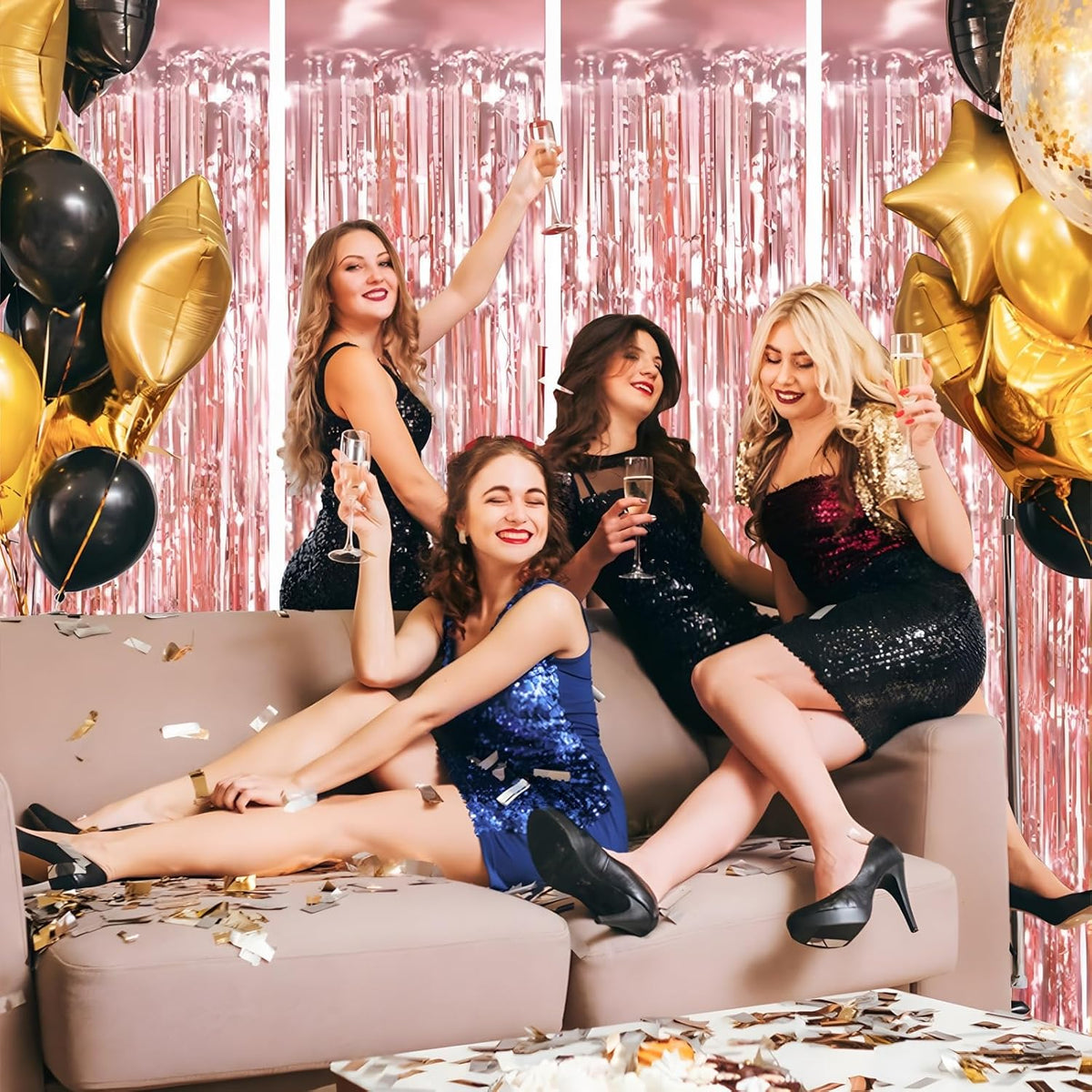 Keyali 4 Pack 3.3 * 8.3 ft Foil Curtain Metallic Tinsel Fringe Curtains Photo Booth Props Backdrop