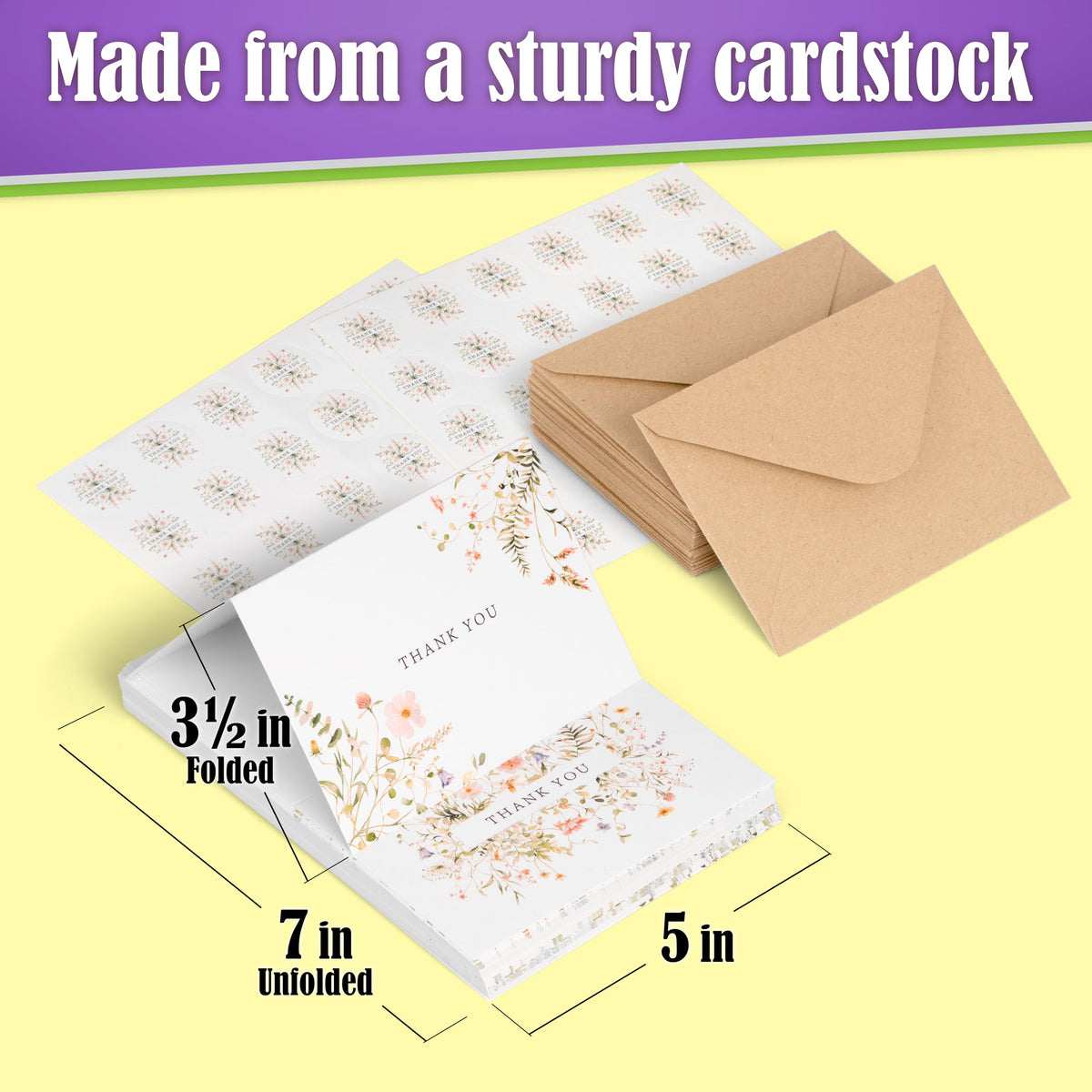 52-pack Floral Thank You Cards Bulk with Kraft Envelopes & Matching Stickers, 3.5x5 Inches, 6