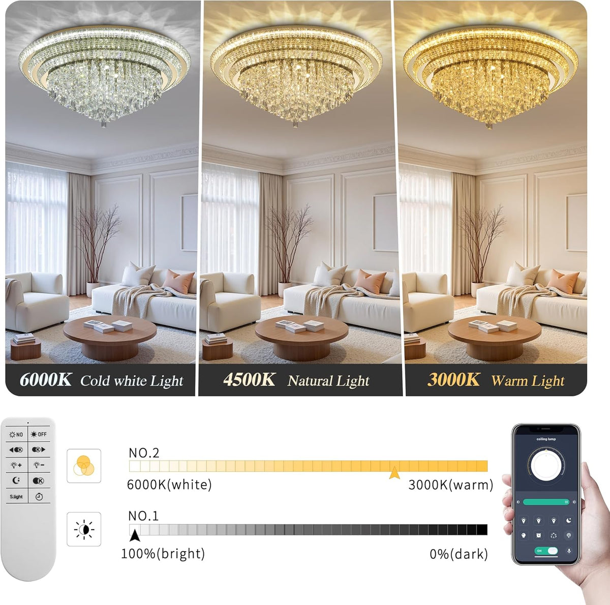 40 inch Crystal Gold Ceiling-Light Flush Mount with Remote Control and APP, 3CCT Dimmable &
