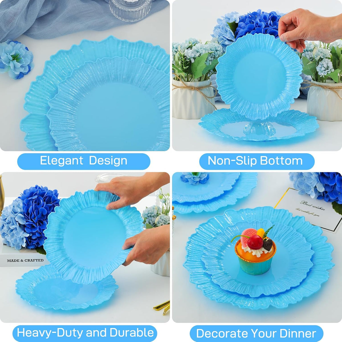 50 Pcs Blue Floral Plastic Plates, Fancy Disposable Plate, Heavy Duty Plastic Plates Set include 25
