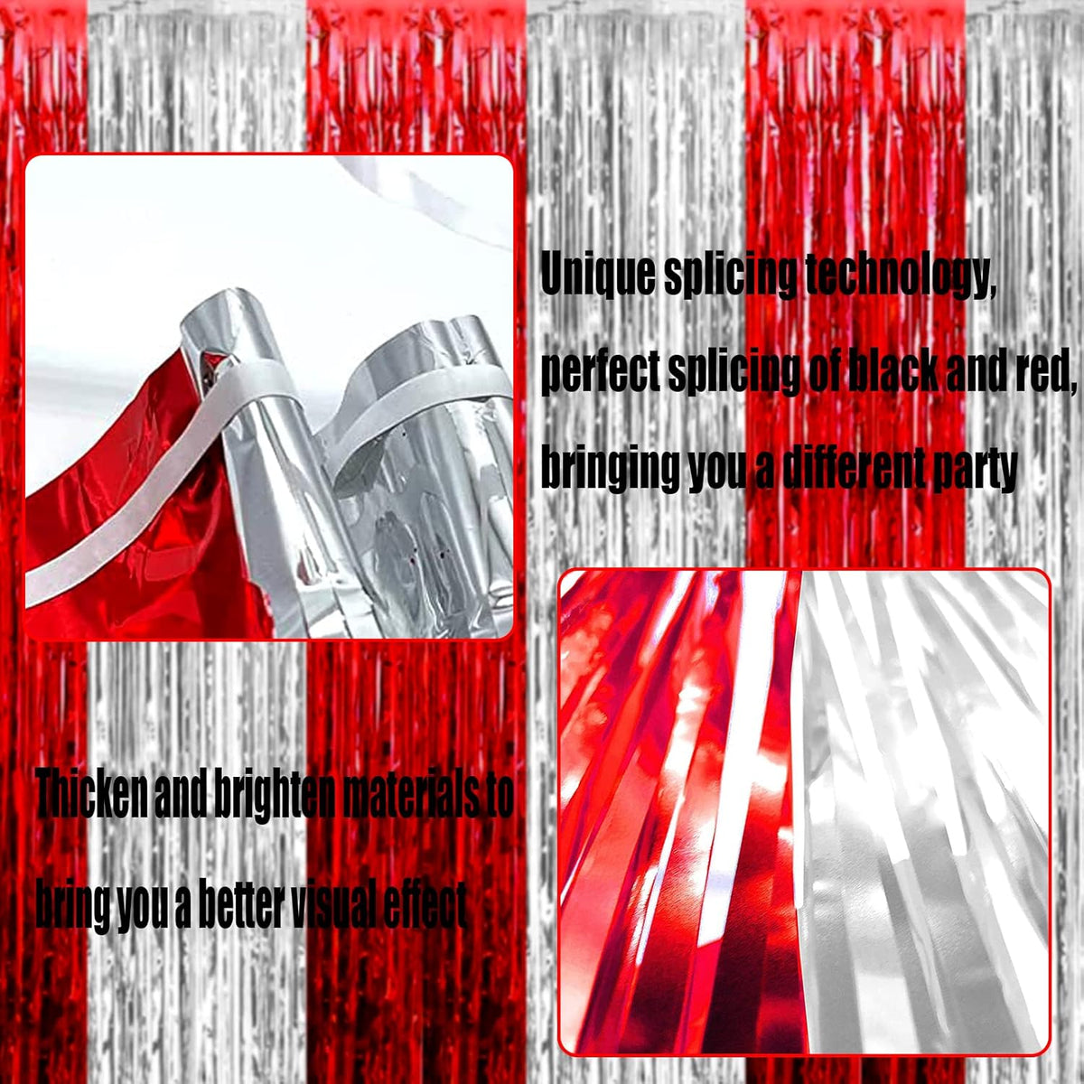 4 Pack Silver Red Foil Fringe Curtain Backdrop, 3.28Ft x 9.8Ft Metallic Tinsel Foil Fringe