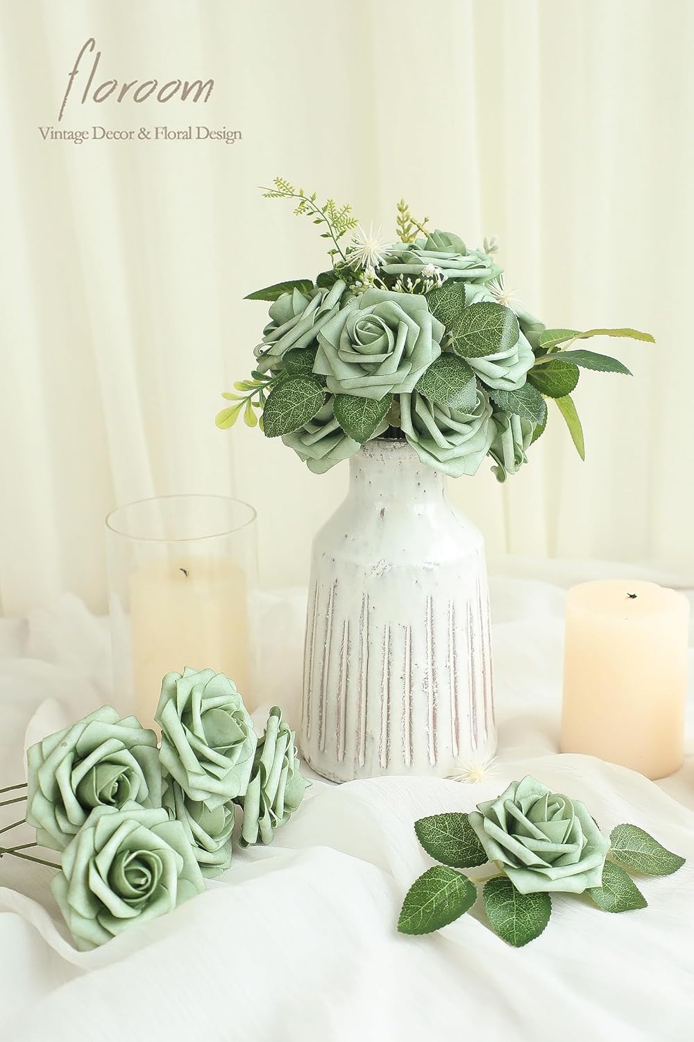 Floroom Artificial Flowers 50pcs Real Looking Elf Green Foam Fake Roses with Stems for DIY Wedding