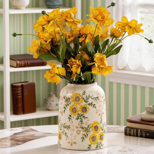 Sunflower Green and Beige Vase, Yellow Ceramic Vintage Vase Cottage Core Home Decor, Cute Floral