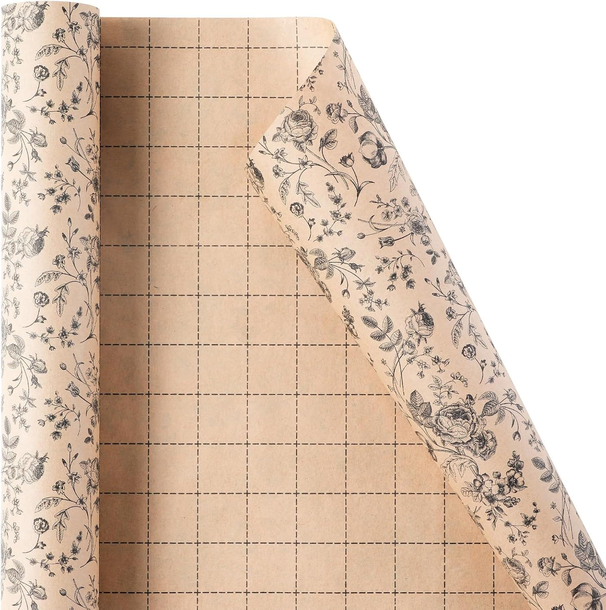 Ulmasinn Kraft Floral Wrapping Paper Roll - 17 Inches x 33 Feet - Vintage Black Floral Design with