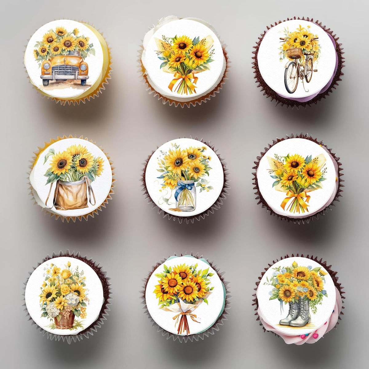 36 Pack Edible Sunflowers Cupcake Toppers Wafer Paper Floiwers Cupcake Picks Edible Yellow Sun