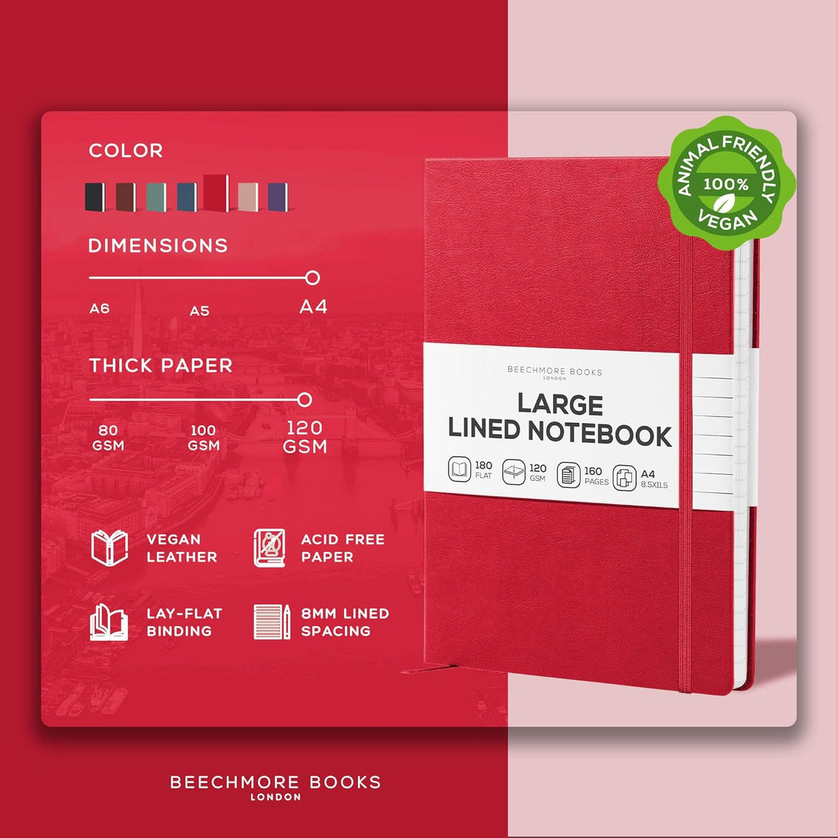 BEECHMORE BOOKS Ruled Journal Notebook, A4 8.5 x 11.5 inch 160 Lined Pages, Hardcover Leather