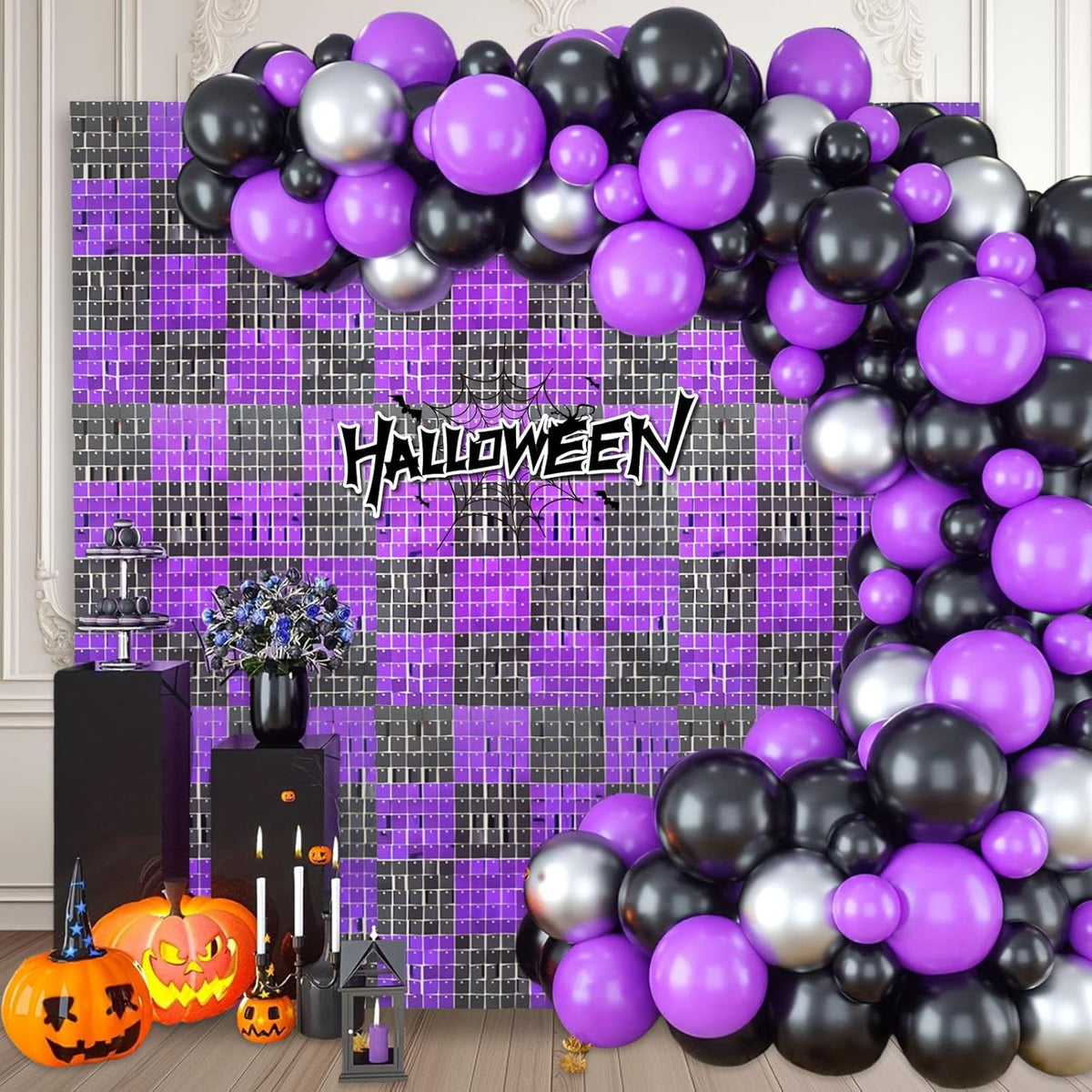 12PCS Black Purple Shimmer Wall Backdrop, Square Sequin Photo Backdrops Panel, Glitter Wall