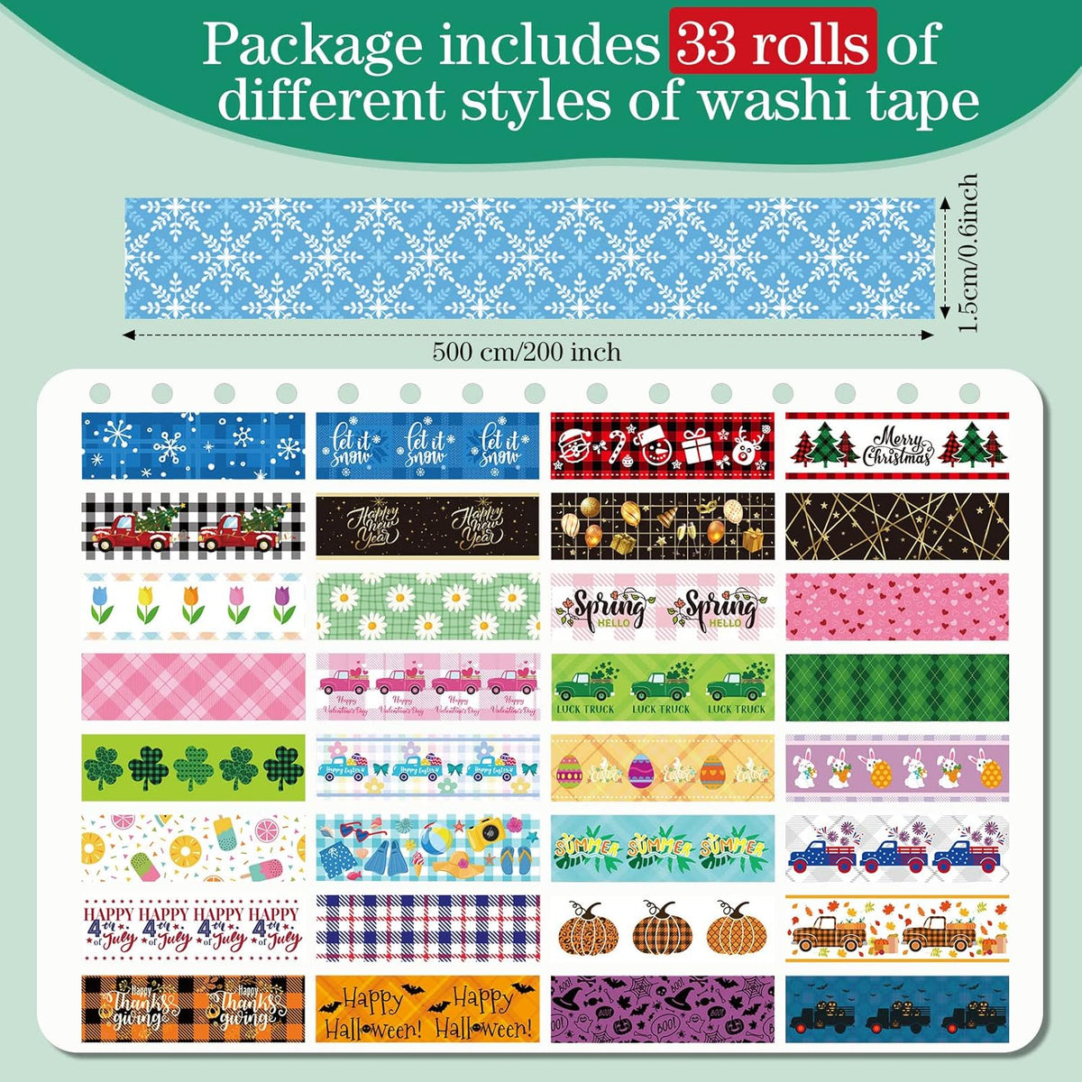TaoBary 33 Rolls Holiday Plaid Washi Tape, 15 mm Seasonal Washi Tape Set Bohemian Colorful Vintage