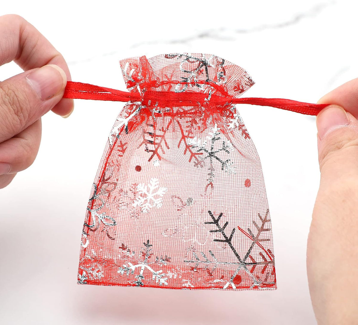 jijAcraft 3x4 Inch Christmas Organza Bags - 100Pcs Red Snowflake Gift Bags with Drawstring, Xmas
