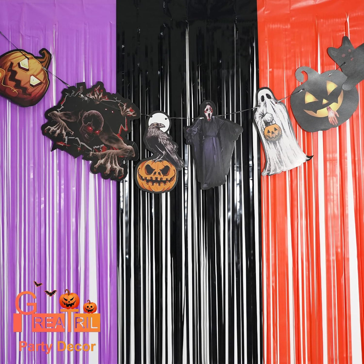 Black Purple Orange Party Streamers - GREATRIL Foil Fringe Backdrop for Hocu Birthdays Halloween