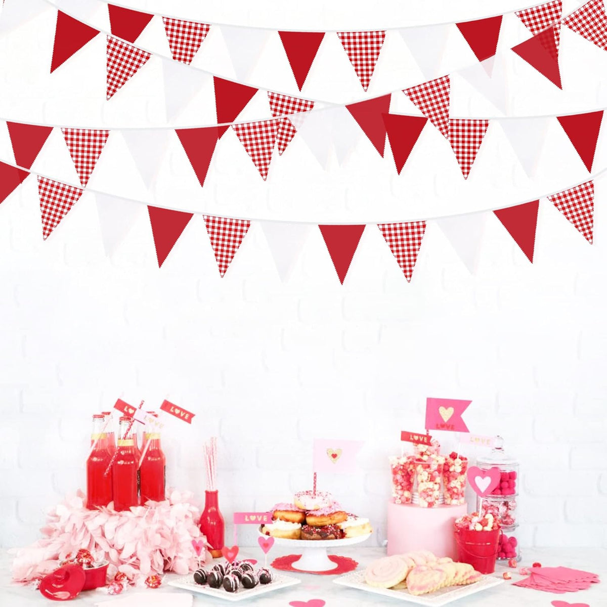 32Ft Red Party Decorations Red Plaid Checkered White Triangle Flag Gingham Pennant Bunting Fabric