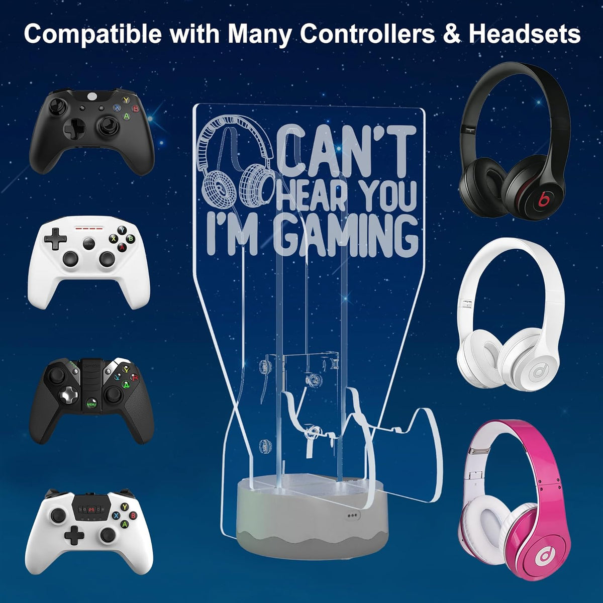 Light Up Headset and Controller Stand, 16 Colors 3D LED Lights Gamepad Headphone Holder with Remote