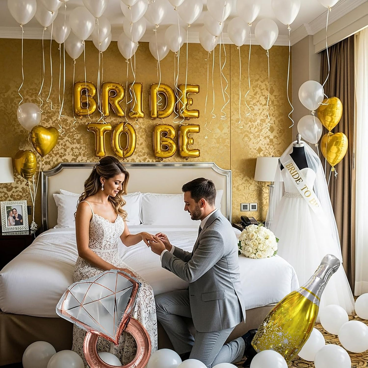 Gold Decorations pearl White balloons Bridal Veil BRIDE TO BE Balloons Sash with Diamond Ring Heart
