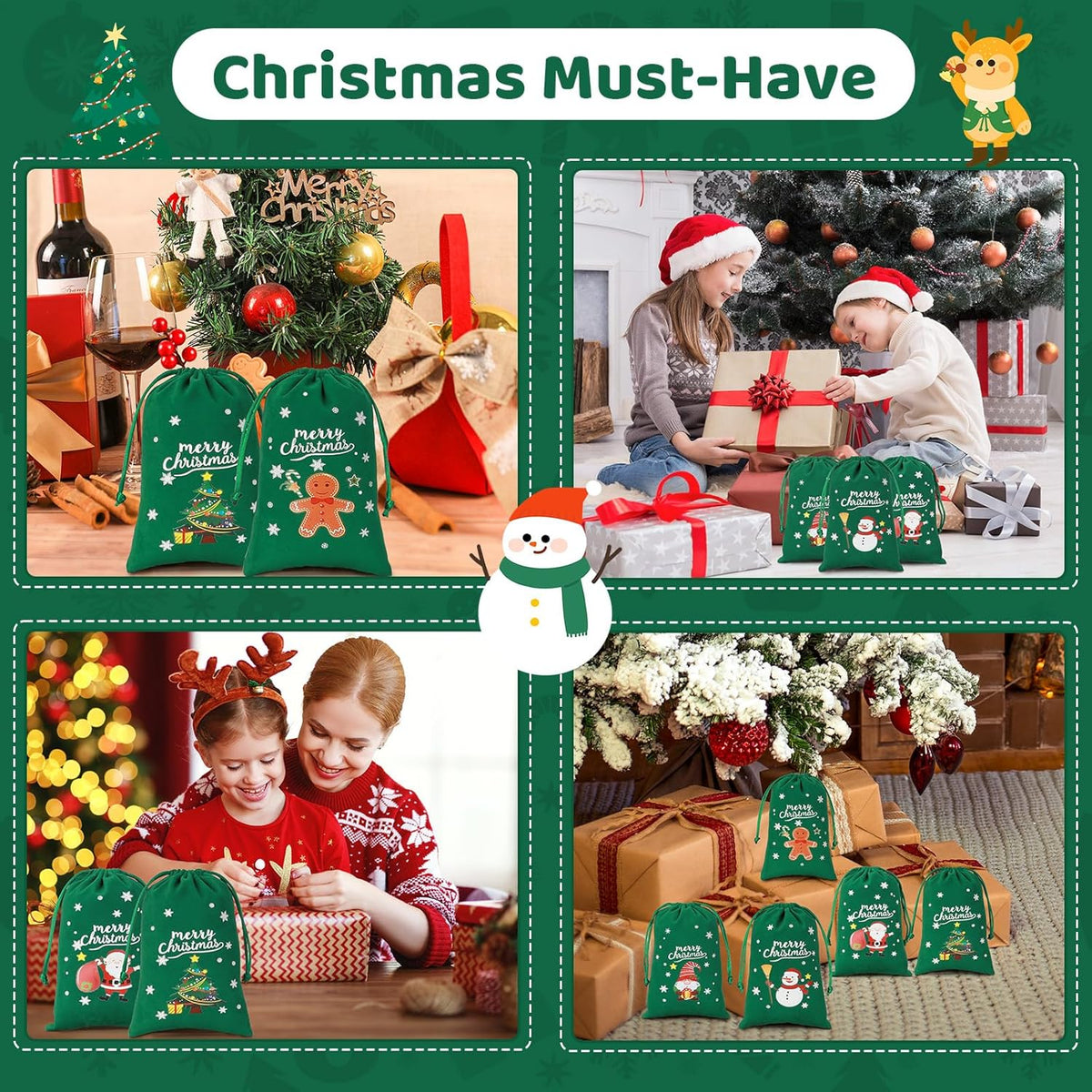 Tapleap Coth Christmas Bags with Drawstring - 50Pcs 4x6 Green Velvet for Wrapping Christmas Party