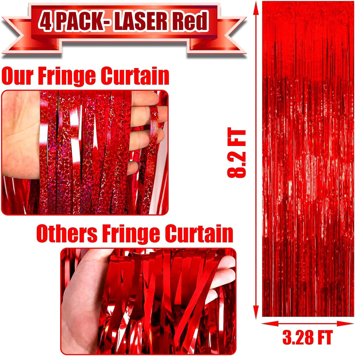 4 Pack Red Tinsel Foil Fringe Curtain Backdrop, 3.28Ft x 8.2Ft Metallic Streamers for Photo Booth