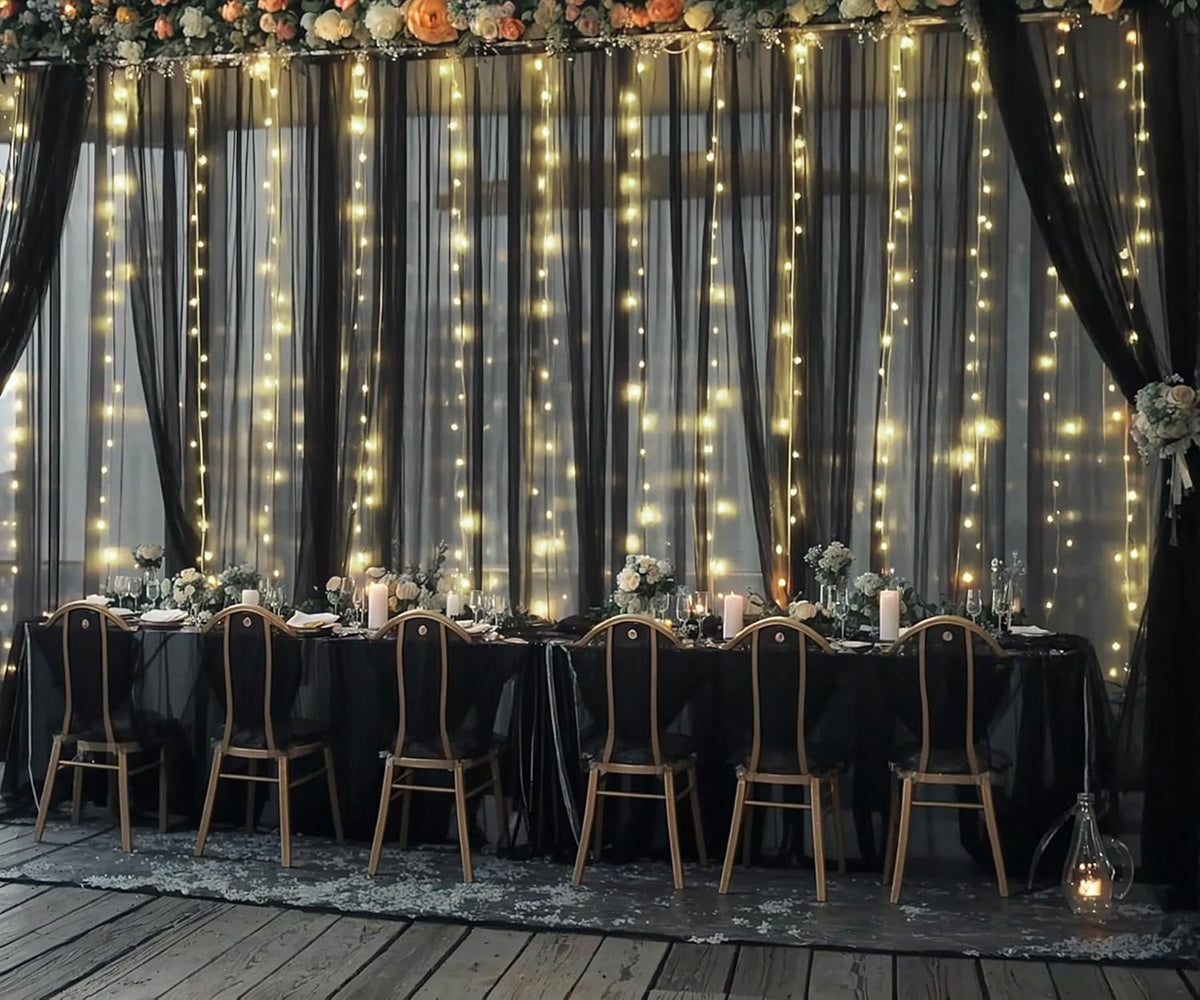 Black Tulle Backdrop Curtain with Lights String for Parites 20ft×10ft Black Sheer Backdrop Curtains