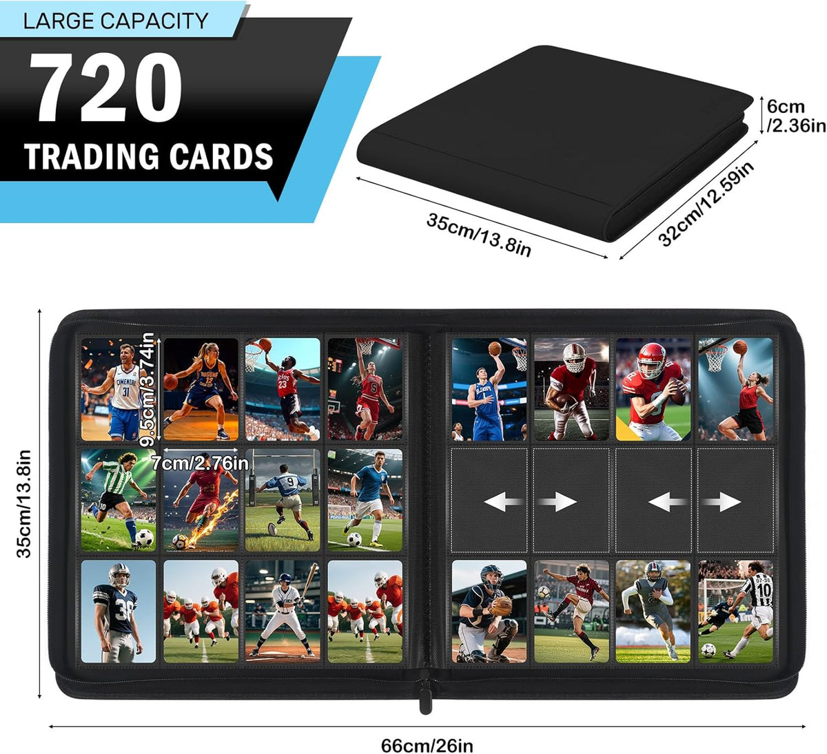 Trading Card Binder 12 Pocket, Zipper Binder Card Album Holds 720 Cards, 30 Pack Acid-Free Pages