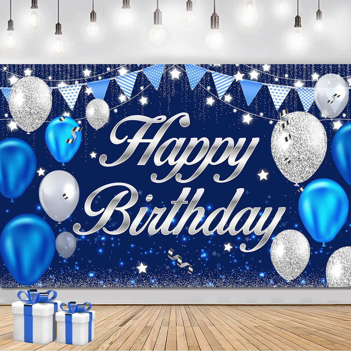 MDCGFOD Happy Birthday Banner - Birthday Decorations for Men Women Boys Girls Blue Sliver Birthday