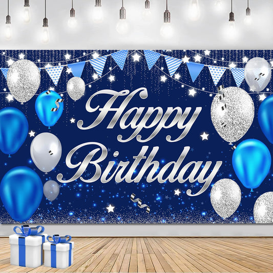 MDCGFOD Happy Birthday Banner - Birthday Decorations for Men Women Boys Girls Blue Sliver Birthday