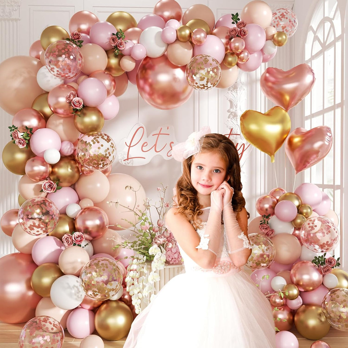 Rose Gold Balloon Garland Arch Kit, 140Pcs Nude Pastel Pink Metallic Gold White Balloons Gold and