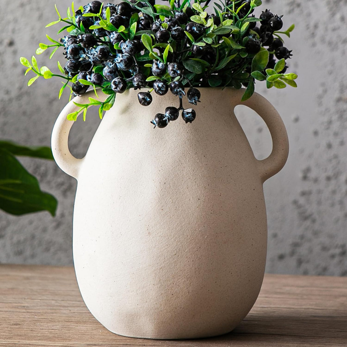 Kimdio White Ceramic Vase with 2 Handles – Sand-Glazed Clay Pottery Vase for Dried Flowers, Rustic