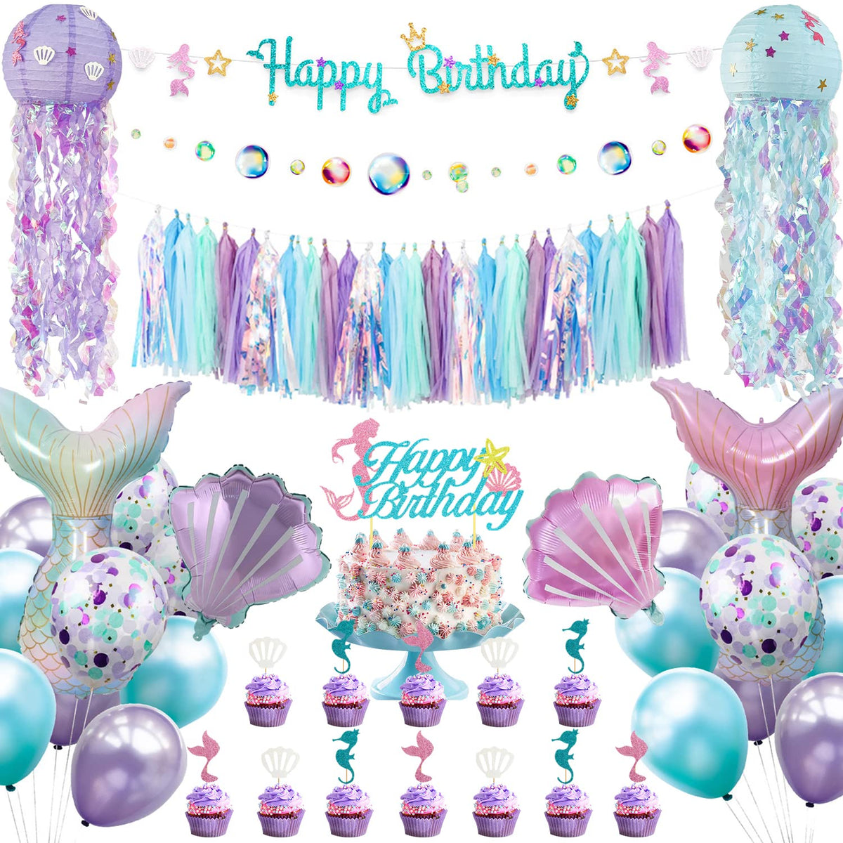 Mermaid Birthday Party Decorations Supplies Banner Tassel Garland Bubble Garland Hanging Jelly Fish