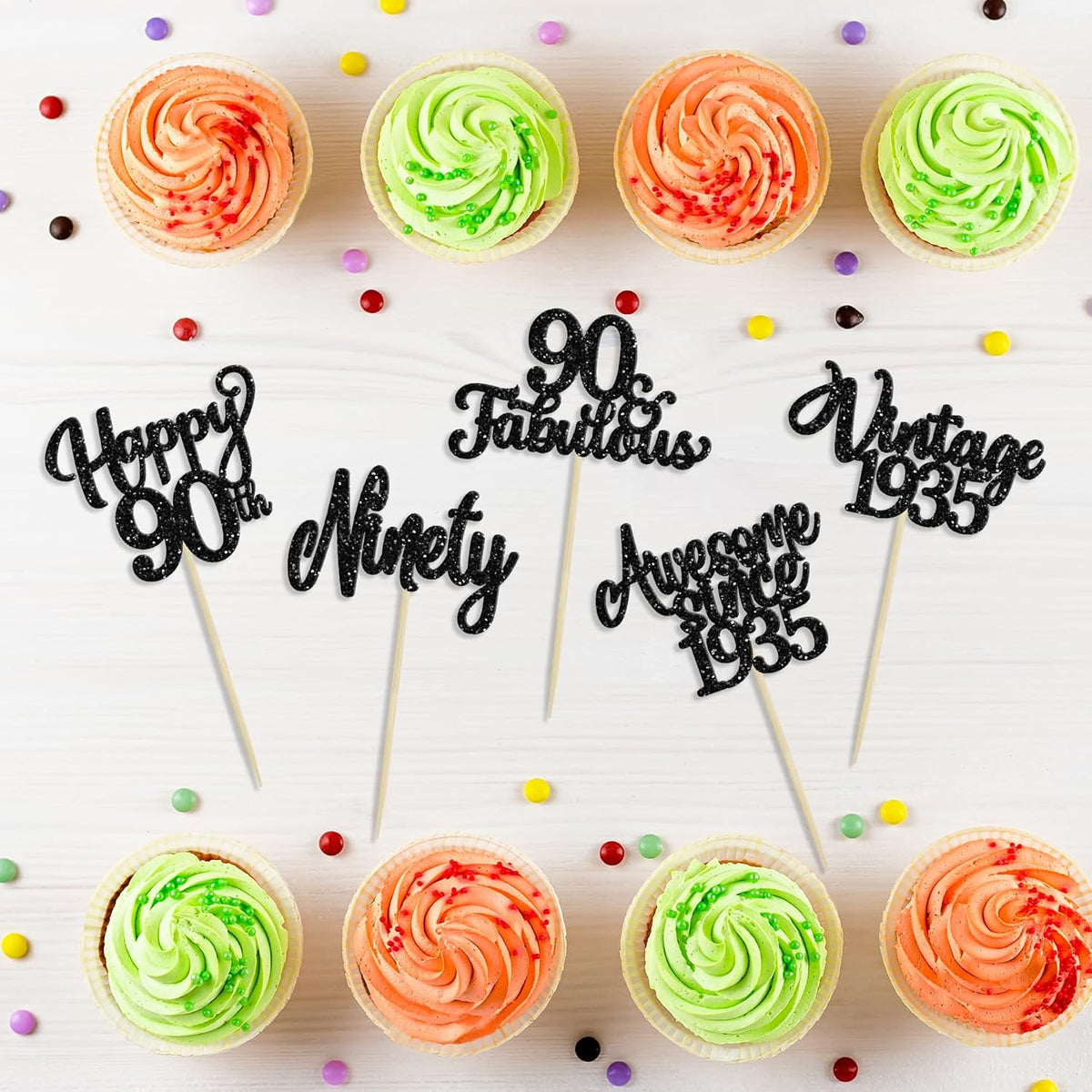 30Pcs Happy 90th Birthday Cupcake Toppers Glitter Awesome Since 1935 Ninety 90 Fabulous Vintage