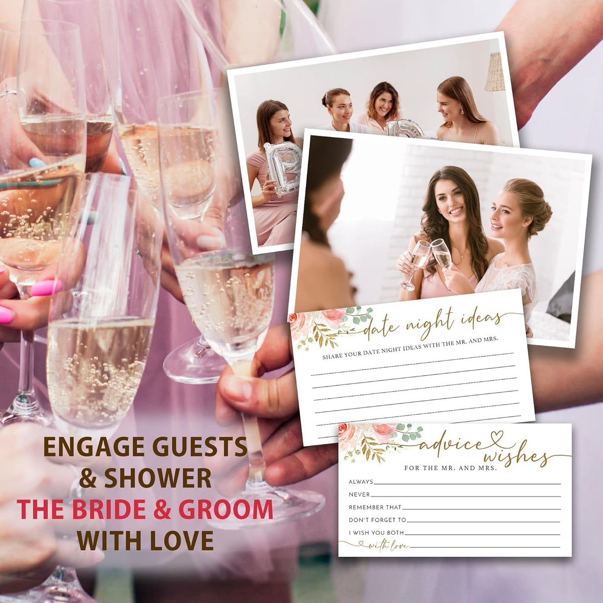Rose Gold Advice and Wishes for the Mr and Mrs - 50 Packs Wedding Advice Cards Bridal Shower Game