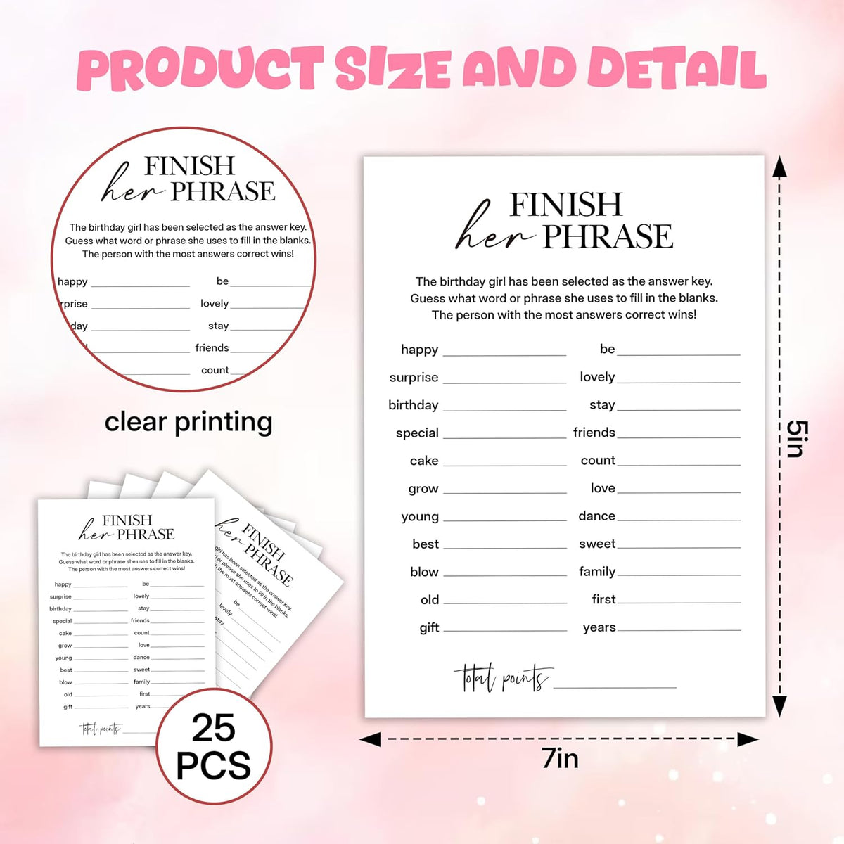 Birthday Party Games, Finish Her Phrase, 25 Pcs Card Set for Guests, Fun Birthday Game for Teen