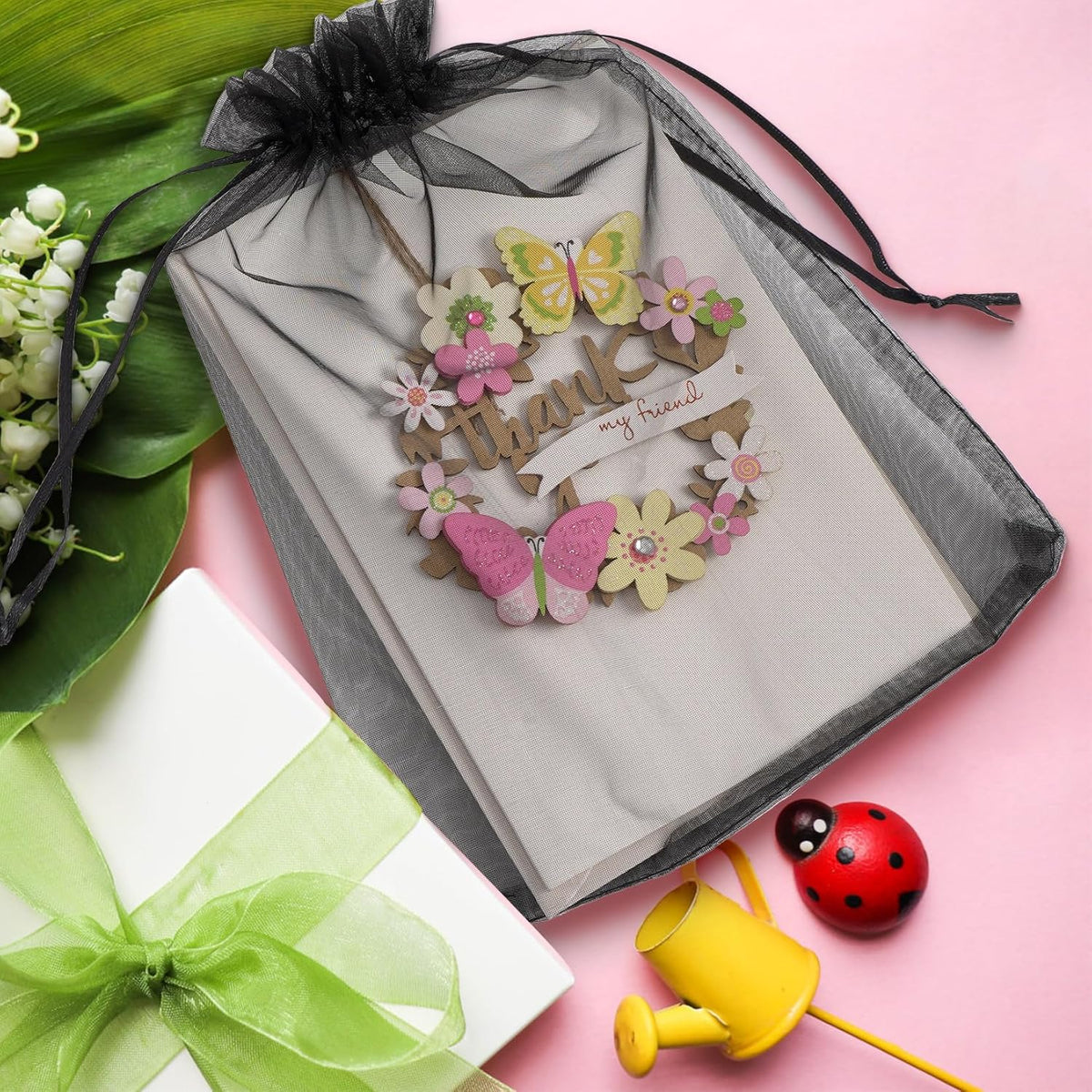 ANZNKU 100 Pack Premium Sheer Organza Bags 6x9 inches Mesh Gift Bags Drawstring for Halloween