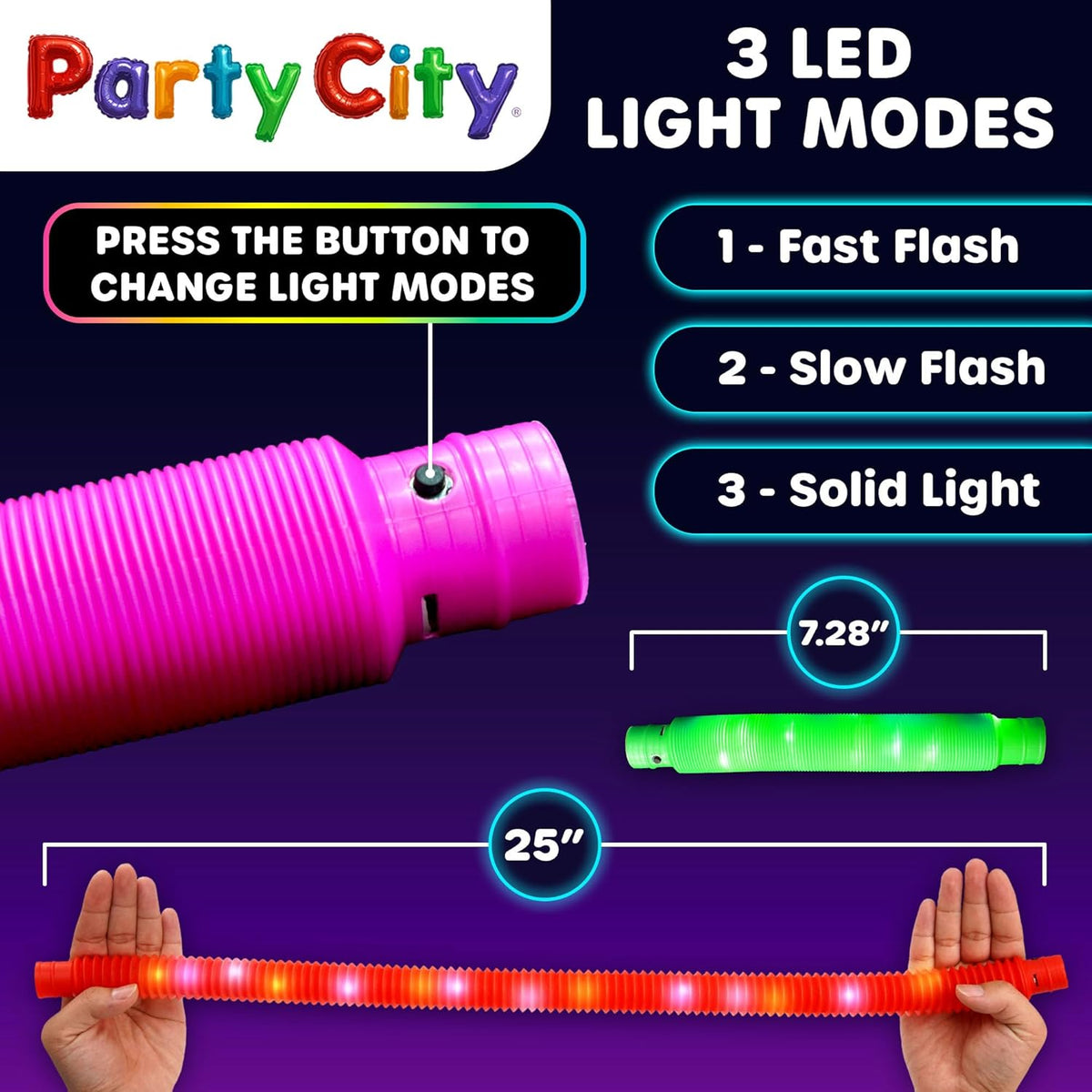 Party City 12pk LED Light Up Pop Tubes 25”- 3 Mode Stretchy Tubes LED Light Up Toys Bulk Glow