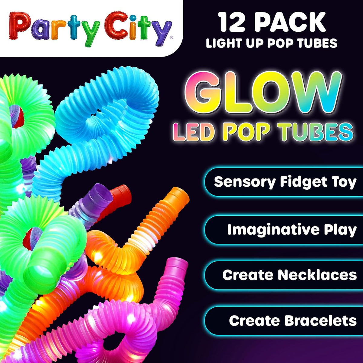 Party City 12pk LED Light Up Pop Tubes 25”- 3 Mode Stretchy Tubes LED Light Up Toys Bulk Glow