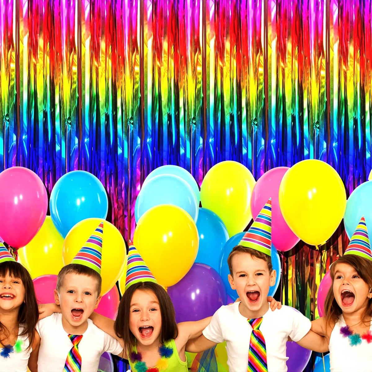 4 Pack Rrainbow Foil Fringe Curtain Backdrop, 3.28Ft x 9.84Ft Colorful Metallic Tinsel Streamers